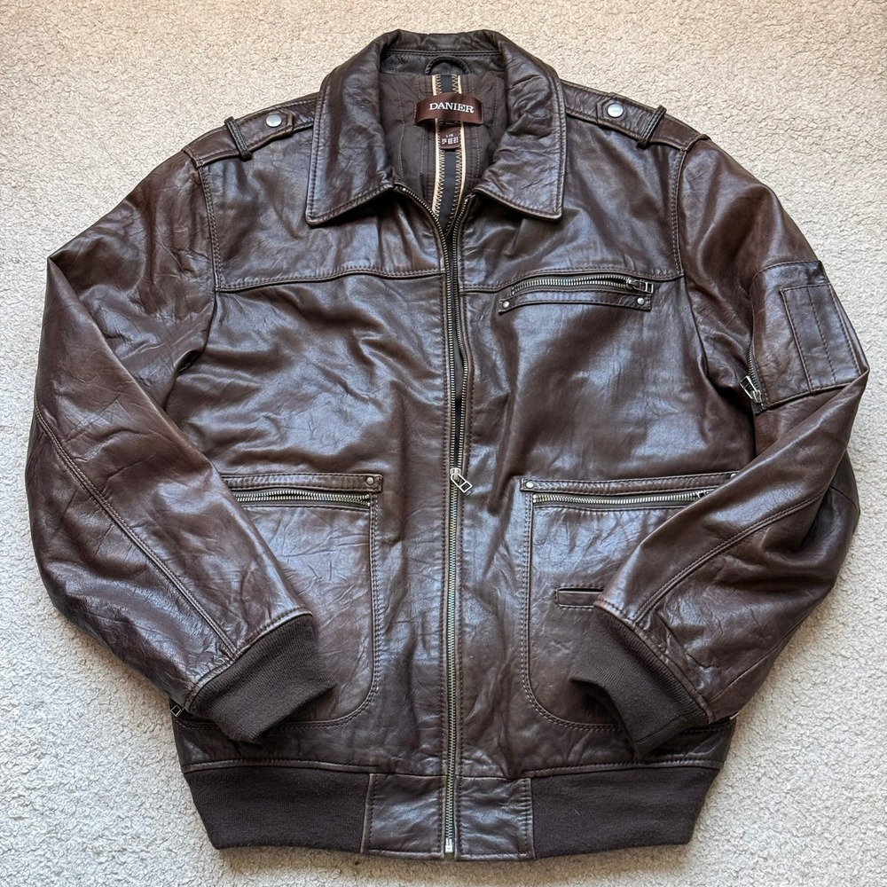 Vintage Danier Mens Brown Leather Bomber Jacket Thinsulate Insulated Aviator L